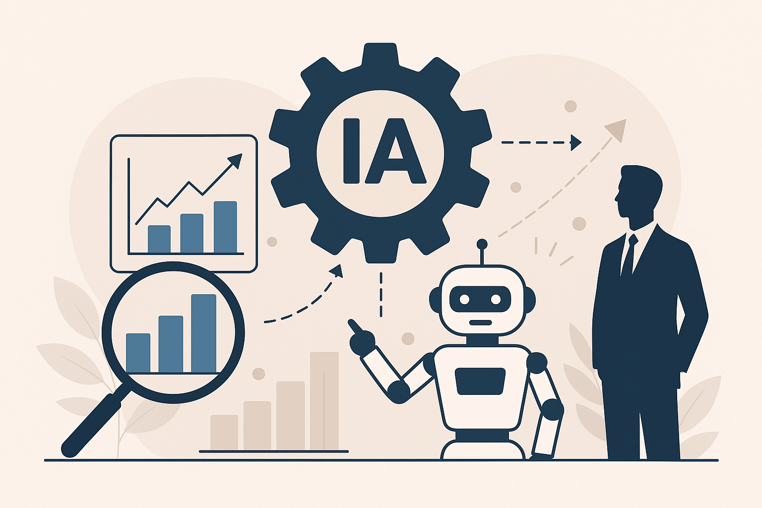 Ilustração de inteligência artificial e automação aplicada à gestão de perdas, com robô, gráficos e executivo.