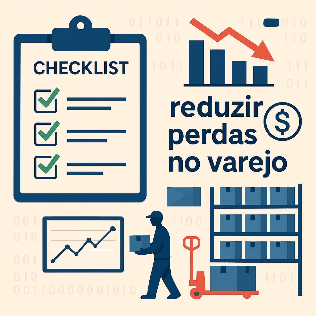 Checklist de boas práticas para reduzir perdas no varejo com ícones de estoque, logística, gráficos e trabalhador organizando mercadorias.