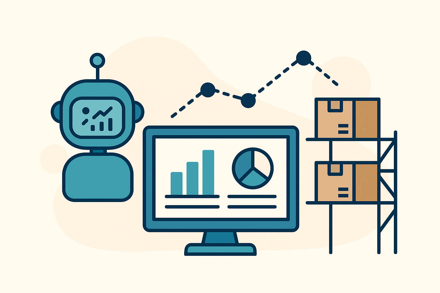 Ilustração vetorial minimalista mostrando BI generativo com robô, dashboard de dados e estoque organizado em prateleiras.