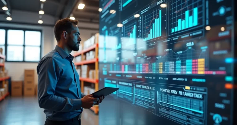 Gestor empresarial analisando tela digital com gráficos de controle de vencimento de produtos em armazém