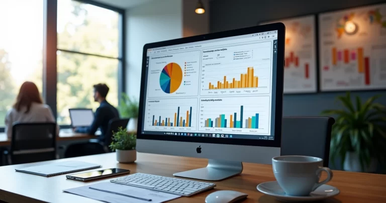 Computador com tela mostrando dashboard de BI generativo detalhado com gráficos de perdas empresariais e análise de dados complexa