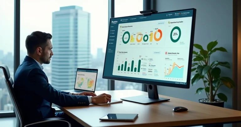 Gestor analisando painel de vendas com gráficos e emojis de sentimento