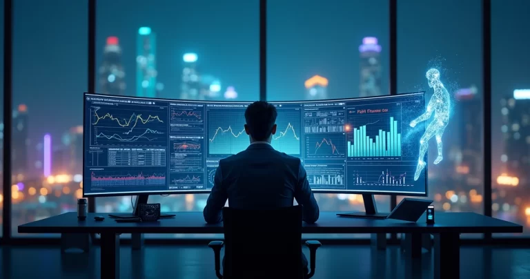 Gestor observando assistente virtual com gráficos de dados em tela gigante