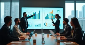 Equipe de gestão analisando dashboards de dados em uma sala de reunião moderna