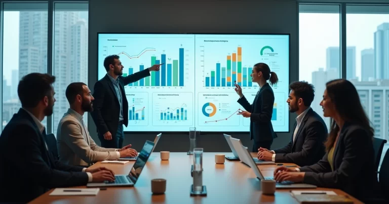 Equipe de gestão analisando dashboards de dados em uma sala de reunião moderna