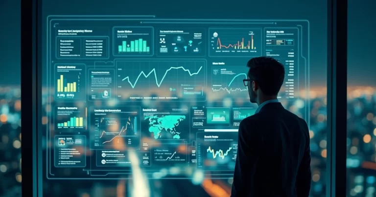 Executivo analisando painéis com dados internos e externos do mercado em escritório moderno