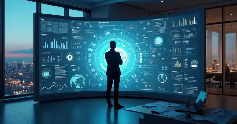Gestor observando painel de dados e automação de decisões em grande tela