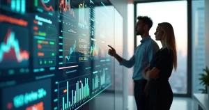 Painel com gráficos de vendas destacando oportunidades de cross-sell e up-sell com IA