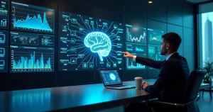 Dashboard de BI com gráficos e um cérebro digital transparente mostrando decisões de IA explicáveis