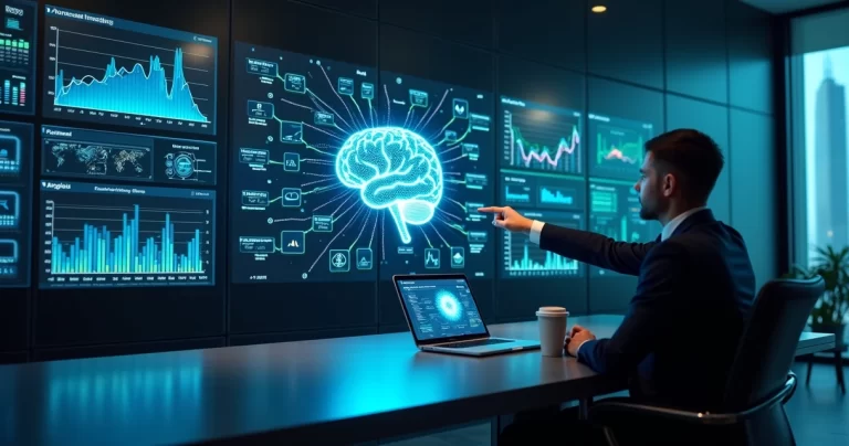 Dashboard de BI com gráficos e um cérebro digital transparente mostrando decisões de IA explicáveis
