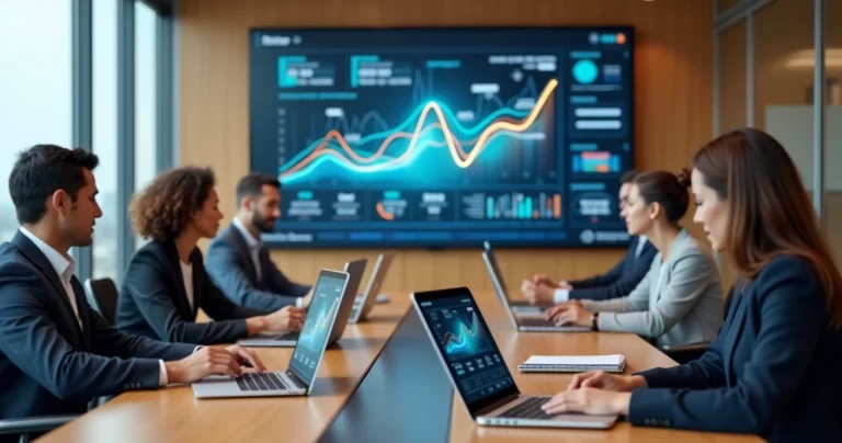 Equipe de vendas B2B analisando gráficos com interface de IA em tela gigante