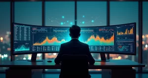 Executivo analisa painel com gráficos de risco financeiro preditivo