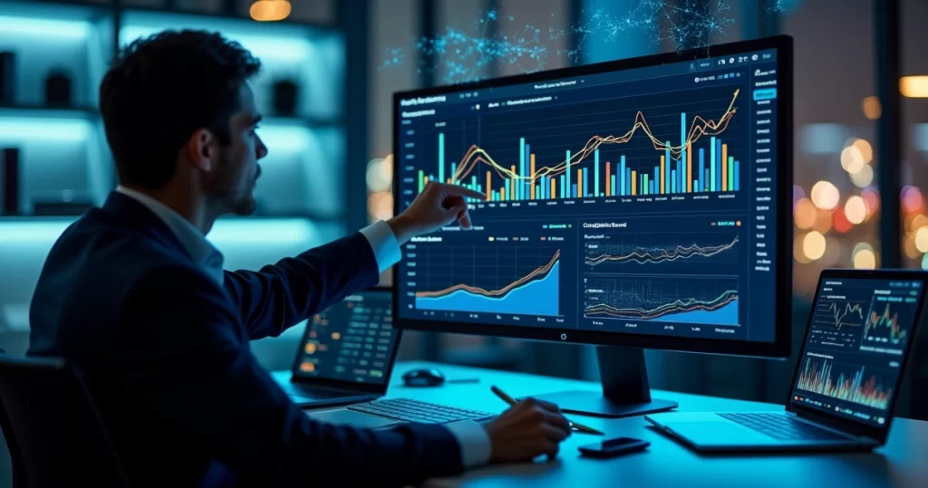 Dashboard com gráficos de concorrentes monitorados por IA em tela grande de computador