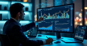 Dashboard com gráficos de concorrentes monitorados por IA em tela grande de computador