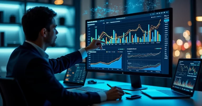 Dashboard com gráficos de concorrentes monitorados por IA em tela grande de computador