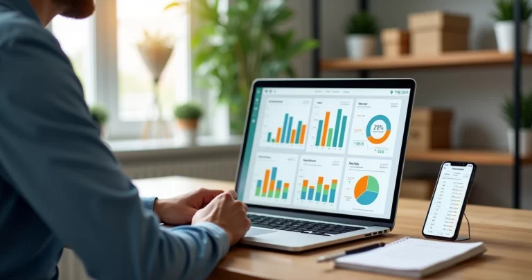 Gestor analisando painel de BI colorido em notebook em pequeno escritório moderno