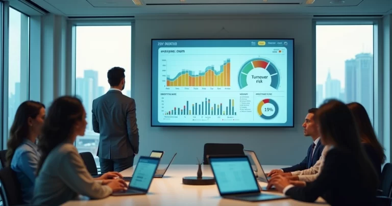 Gestor analisando previsão de rotatividade de funcionários em painel de analytics