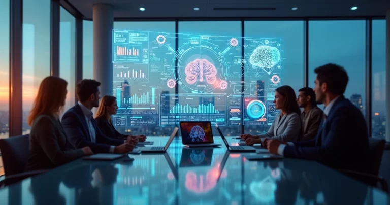 Gestores observando painel digital com gráficos e ícones de inteligência artificial
